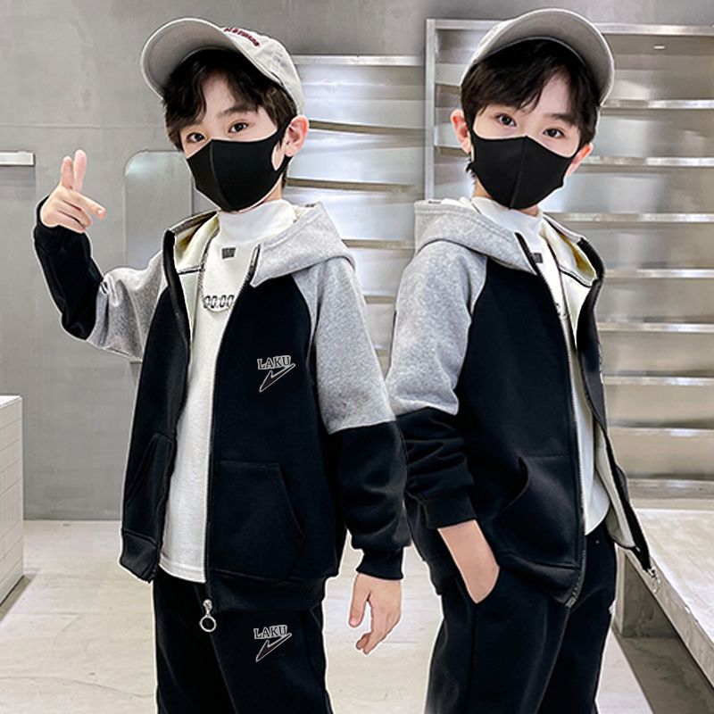 男童加绒加厚秋冬新款外套两件套拉链带帽运动休闲套装中大童时尚