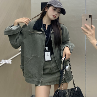 美式复古拼色军绿色工装夹克外套女牛仔开衫上衣+半身裙春秋潮iNs
