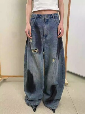 高街vibe水洗破洞直筒牛仔裤