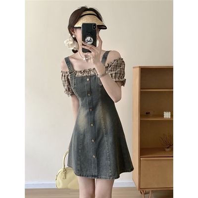 小个子显高格子拼接吊带连衣裙