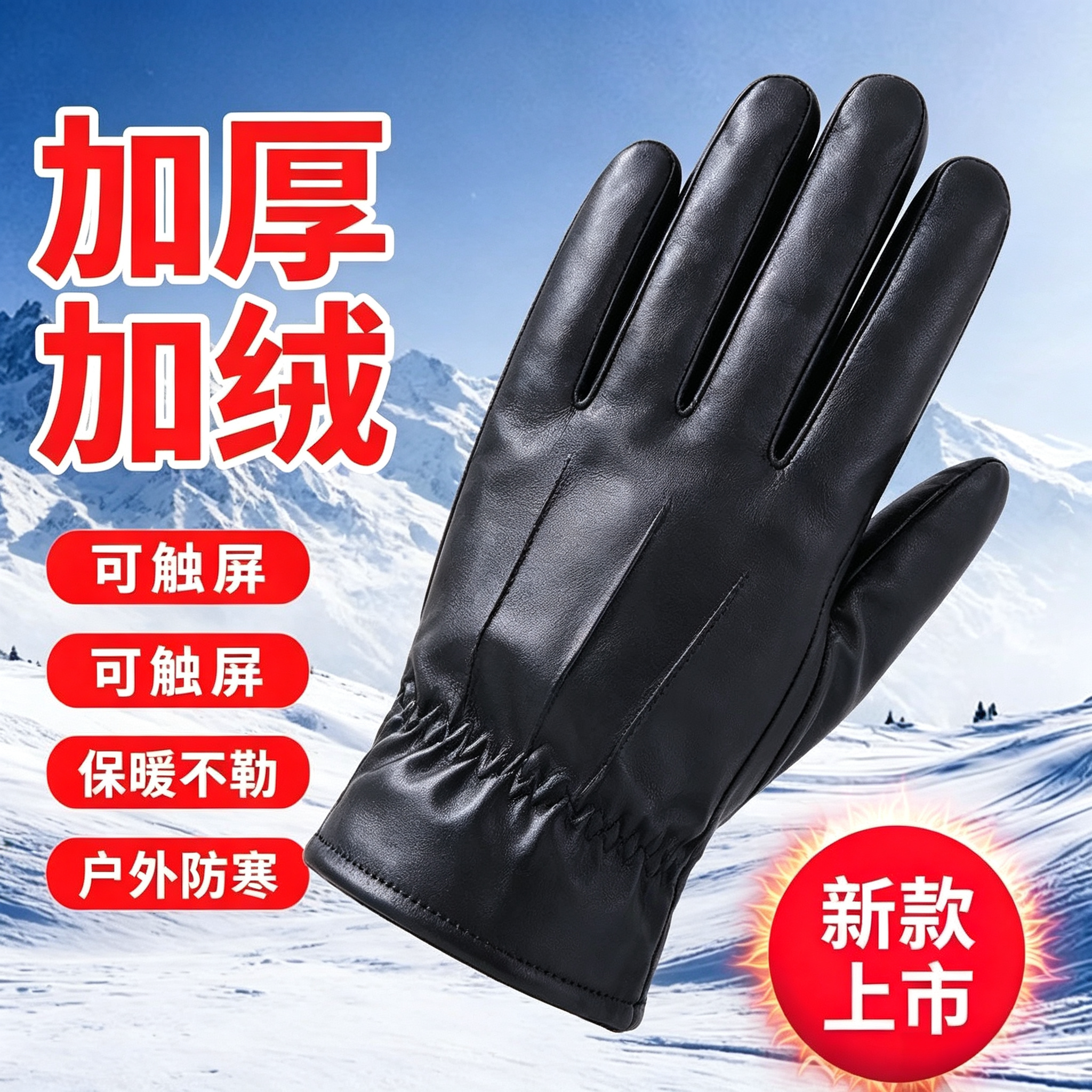 冬季加绒加厚防水触屏PU皮手套