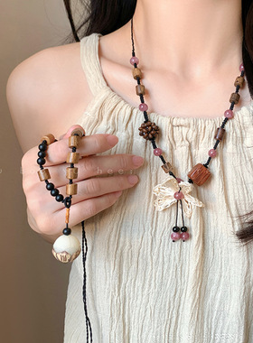 新中式复古花朵项链女国风木质长款网红锁骨链日常百搭时尚配饰品