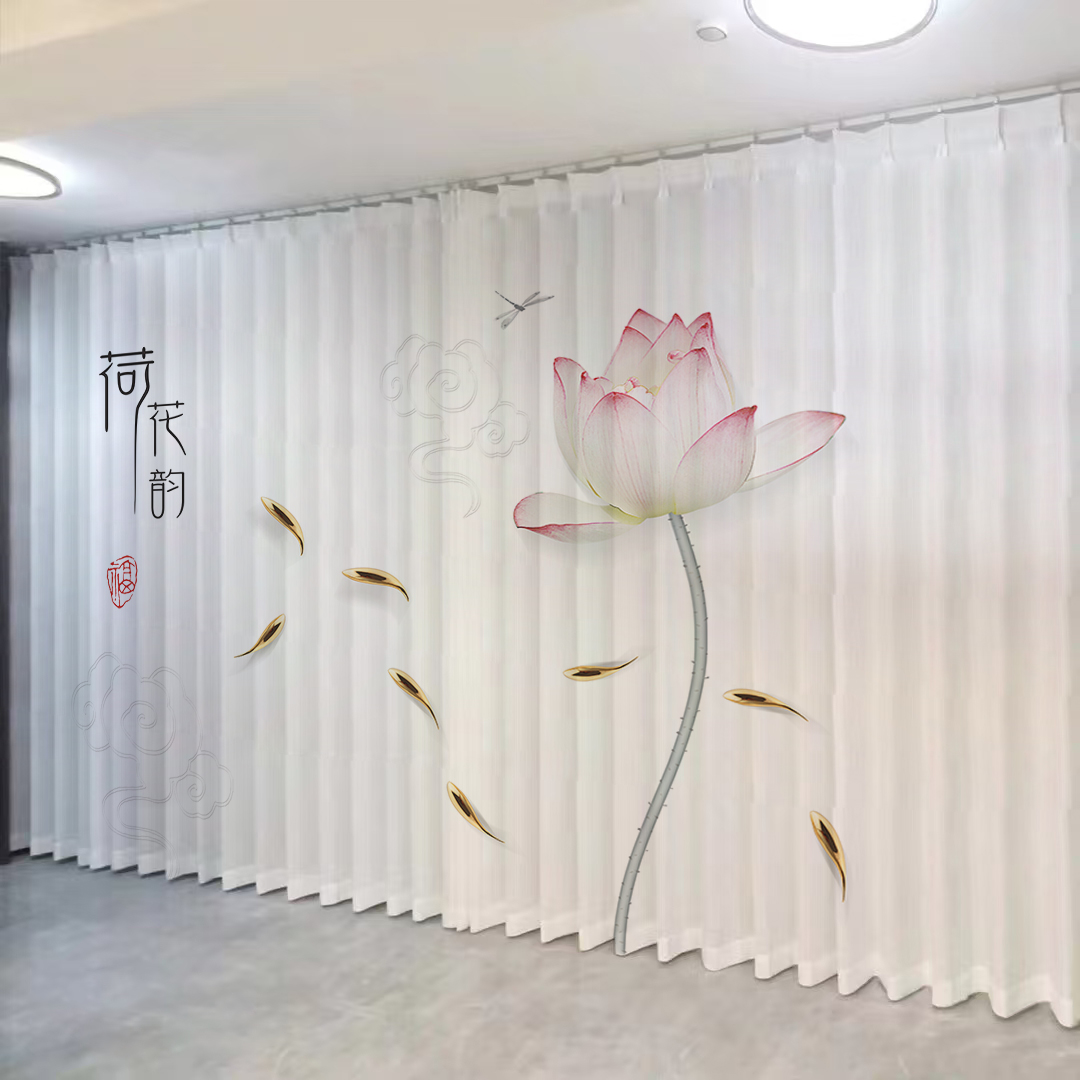 新中式窗帘禅意荷花纱帘客厅茶室书房佛堂中国风莲花山水画隔断帘