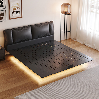 意式极简悬浮床碳素钢床主卧双人大床多功能软包真皮床不锈钢架床