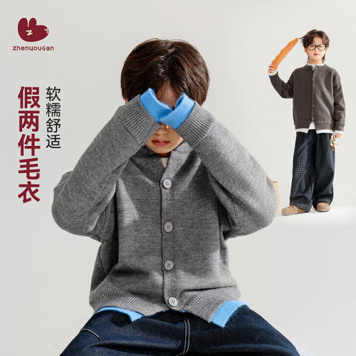 男童秋季假两件抗静电针织开衫