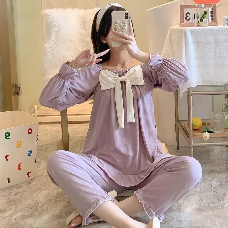 春秋季新款睡衣女夏套头公主风蝴蝶结甜美可爱抽条长袖家居服套装