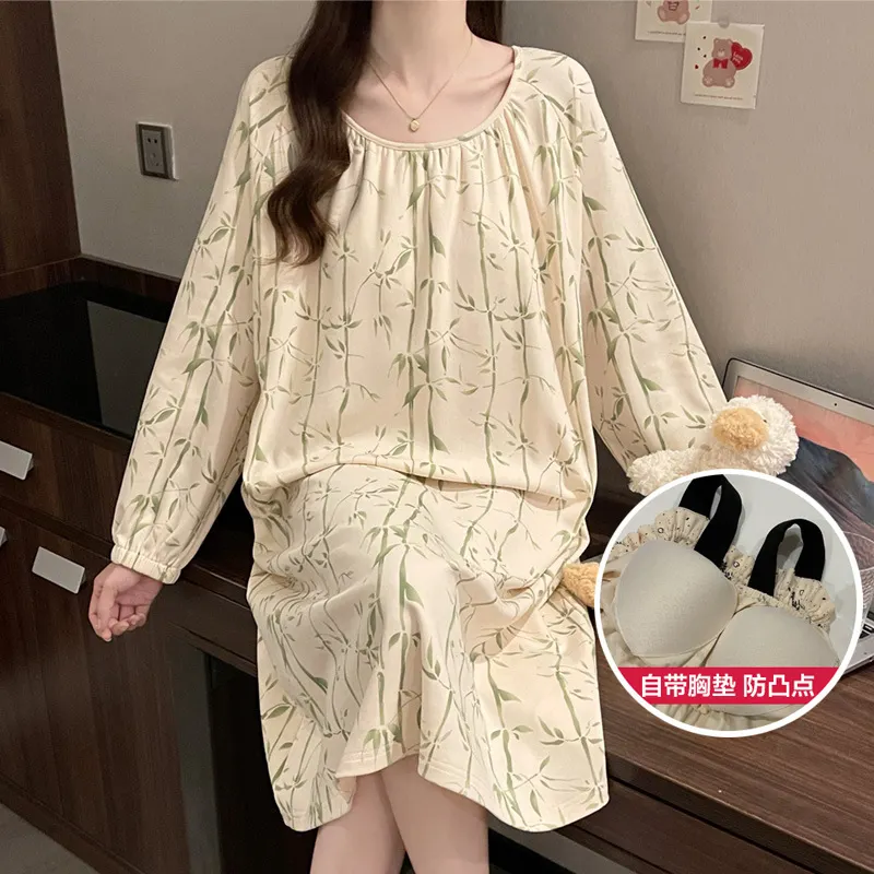 新款带胸垫长袖睡裙女夏棉质休闲睡衣家居服套装可外穿甜美可爱