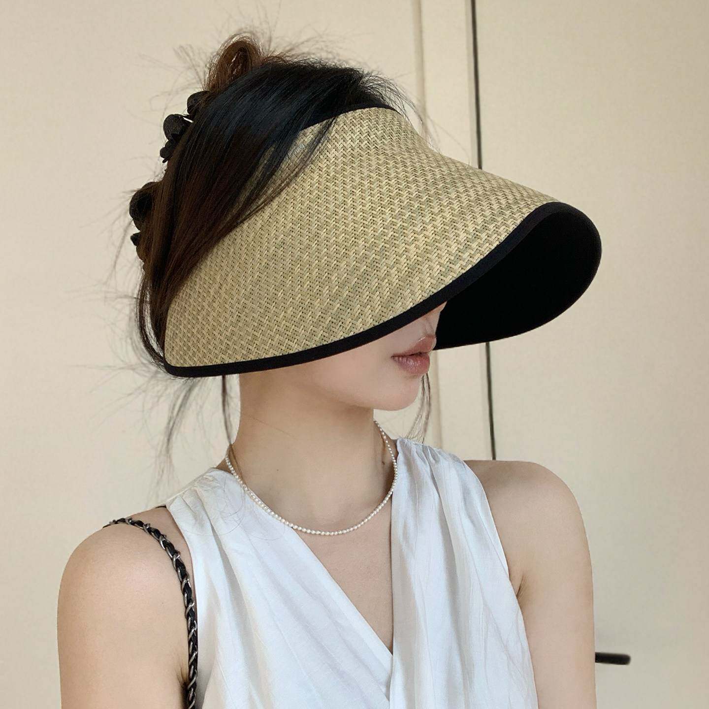 夏季大帽簷帽子女款2026防晒帽户外可折叠遮阳帽不规则草编空顶帽