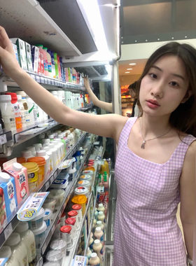 ikki自制 紫色格子方领无袖吊带连衣裙女夏显瘦裙子2023新款