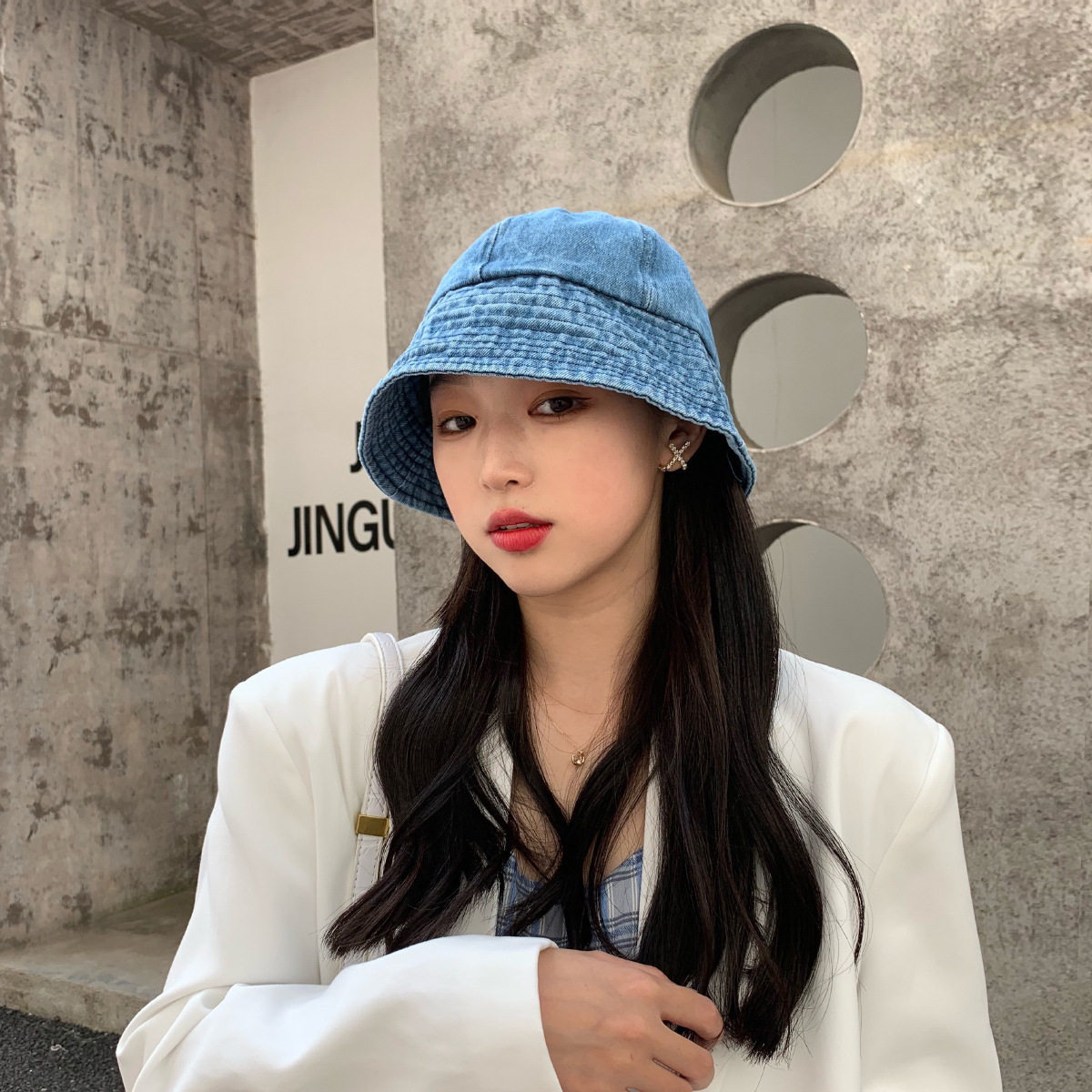 网红日系牛仔渔夫帽女休闲百搭时尚韩版潮夏季蓝色乞丐帽水桶盆帽