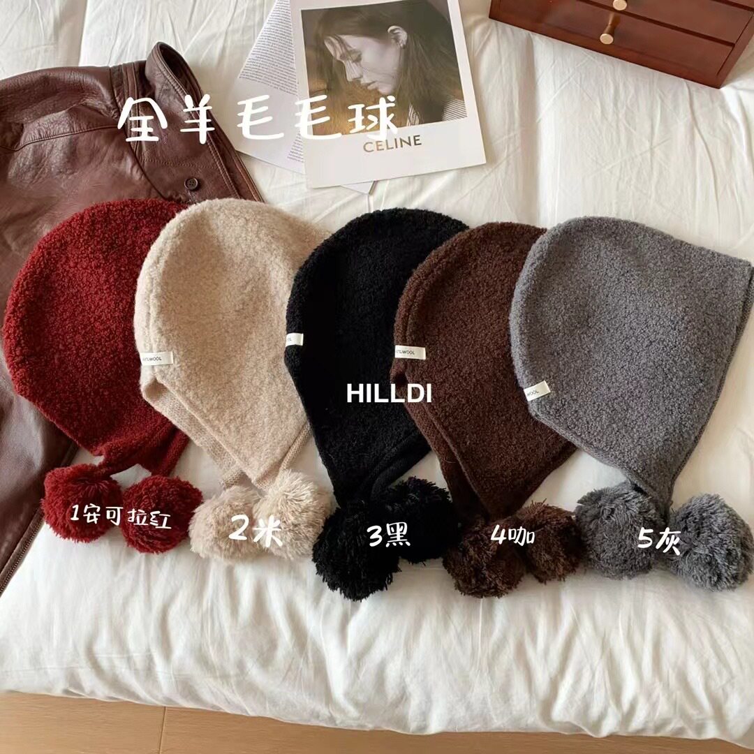 24秋冬/温暖圈圈羊毛100%wool毛球巴拉克法帽女显脸小保暖针织帽