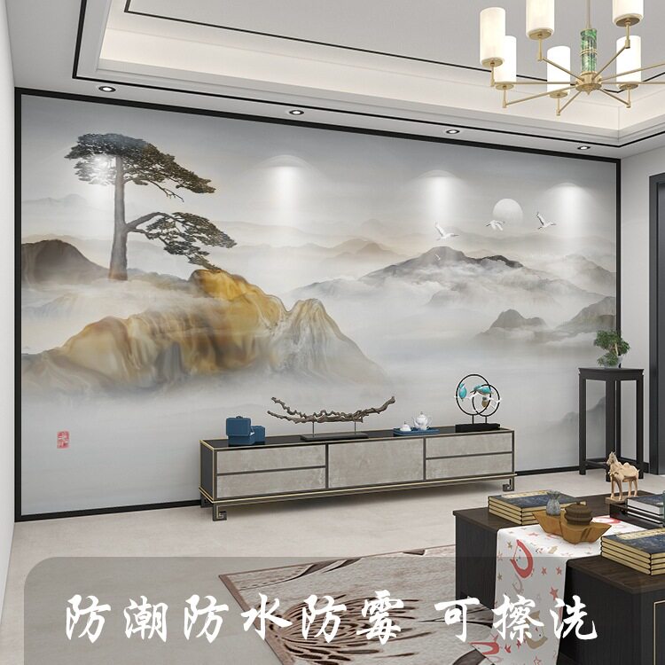 壁布中式3d立体禅意山水电视背景墙壁纸客厅墙纸卧室墙布壁画