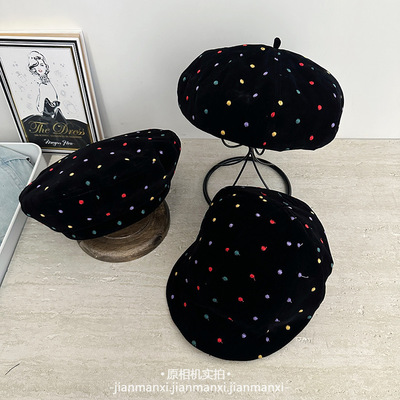 彩色点丝绒蓓蕾帽马术帽秋冬新款韩版韩国装饰搭配平顶蓓蕾帽