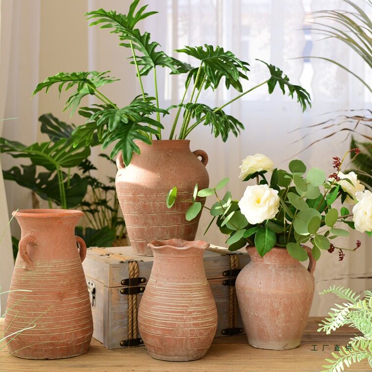 家居手工陶罐粗陶花瓶多肉花盆桌面复古装饰花器土陶插花干花坛子