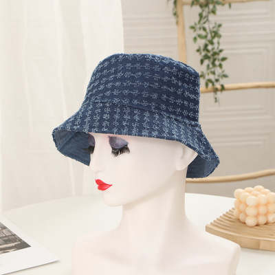 时尚春秋款防晒盆帽做旧破洞潮流百搭牛仔布遮阳太阳宽帽檐渔夫帽