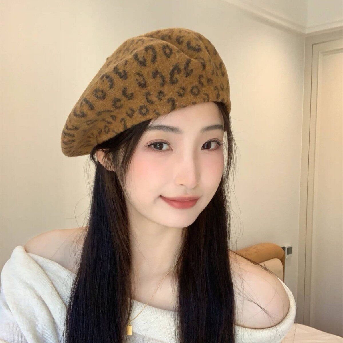 豹纹回归~新款秋冬羊毛针织贝雷帽女韩系复古气质时尚潮流画家帽