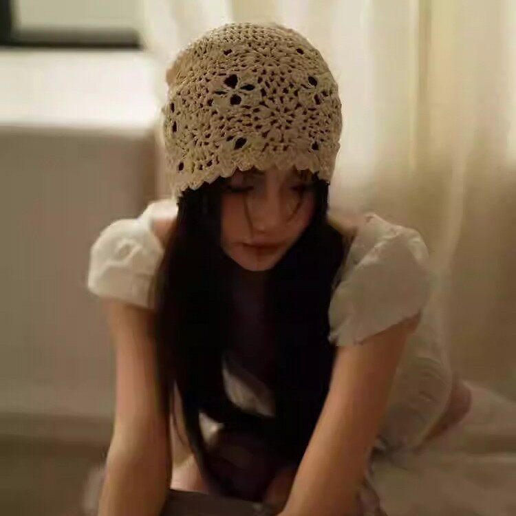 文艺风堆堆帽女2026新款大头围镂空钩花针织帽复古百搭薄款毛线帽