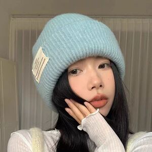 冬季新款绵羊毛针织毛线帽日系简约潮酷时尚女冷帽保暖加厚包头帽