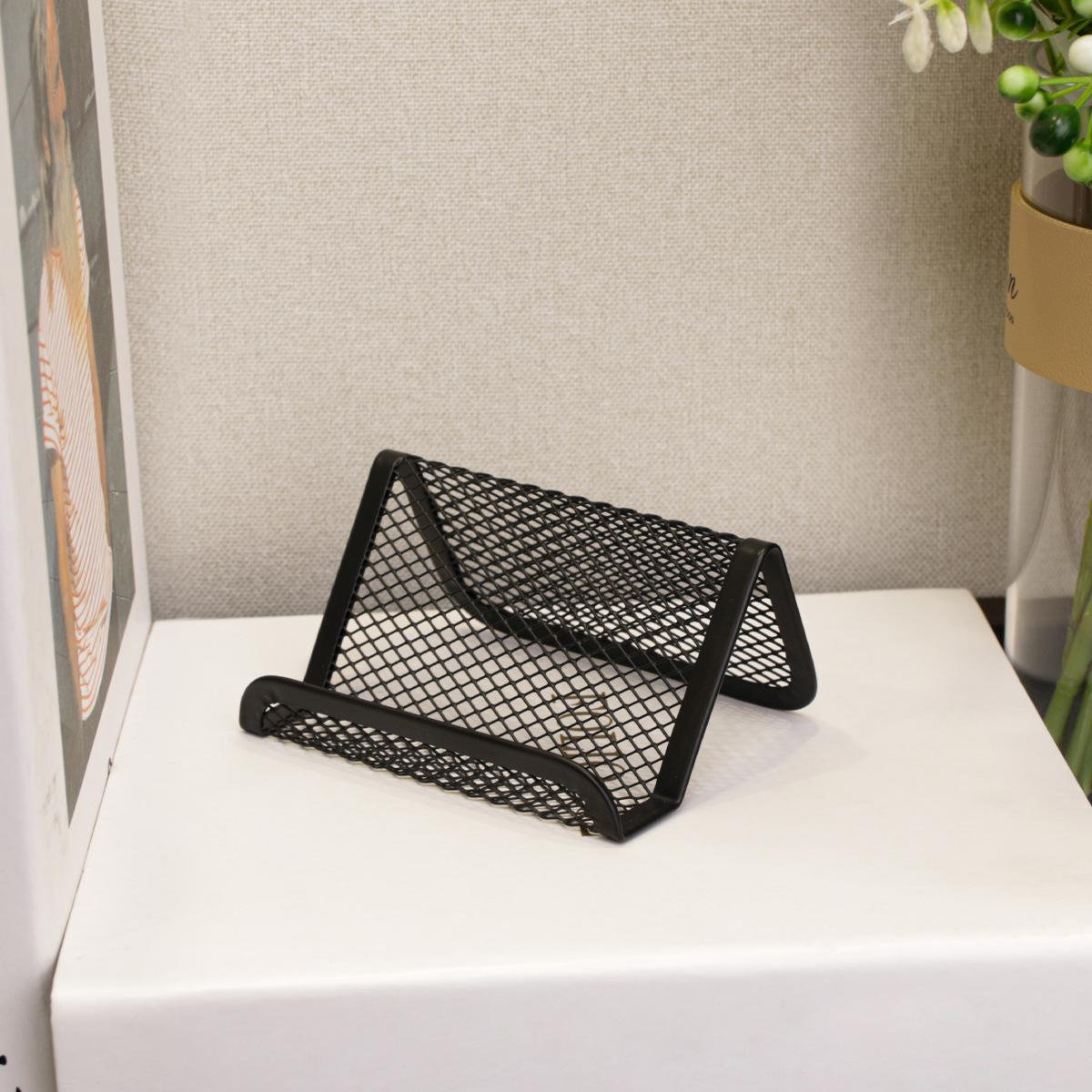 黑色金属网格名片夹简约可容纳50张名片夹桌面摆放式名片夹