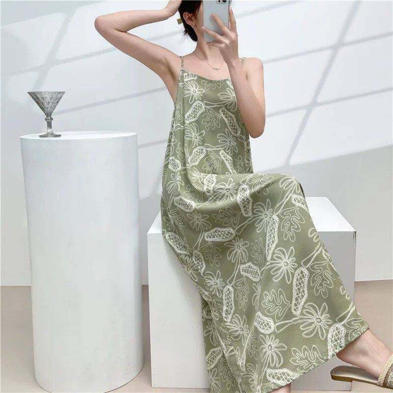 新款绵绸吊带睡裙女夏季仙女风凉感睡裙无袖长款度假可外穿连衣裙