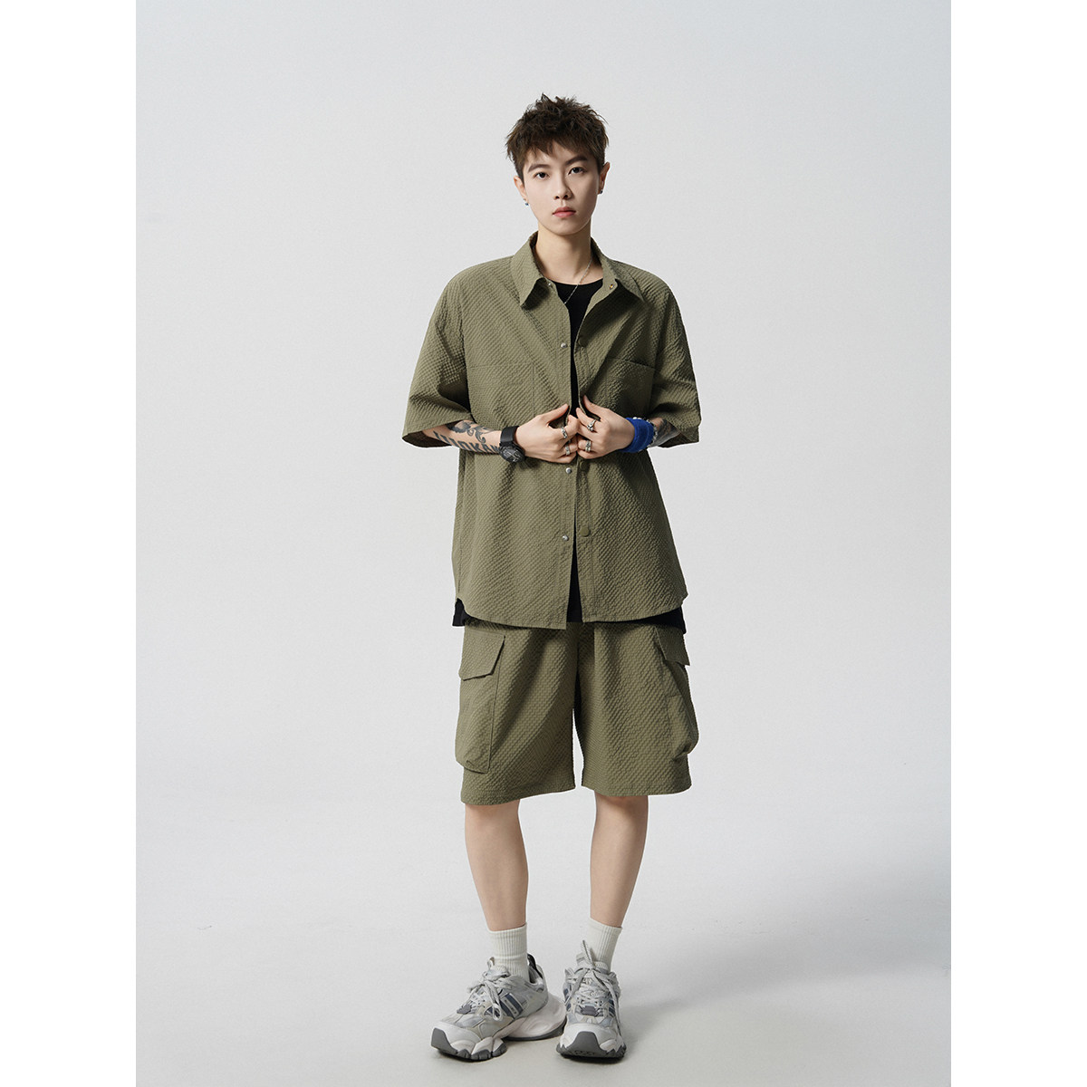 夏季美式军绿休闲短袖T恤男装宽松百搭男士百搭圆领宽松运动套装