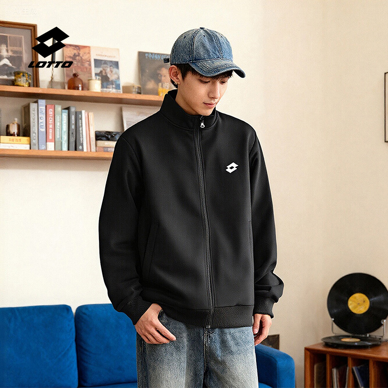 乐途卫衣男秋冬新款黑色保暖百搭长袖开衫拉链立领跑步青少年外套