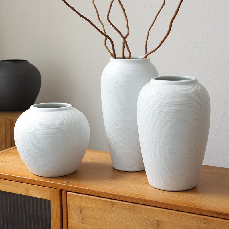 白色侘寂风陶瓷花瓶插花干花轻奢高级感现代简约装饰摆件复古陶罐
