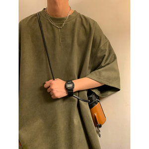牛油果绿320g重磅T恤男美式复古麂皮绒短袖oversize情侣七分半袖