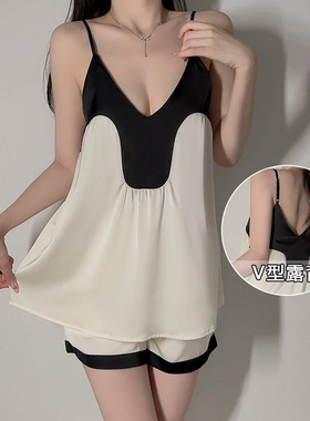 瑰若甜美顺滑缎面内衣性感诱惑低胸露背上衣短裤家居两件套R6238