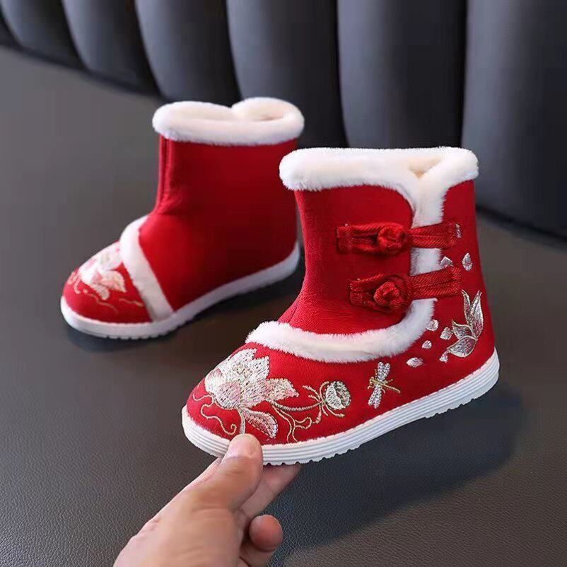 汉服鞋子女童冬季中国风拜年鞋儿童红色棉靴古装绣花鞋民族风靴子