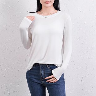 薄款 春秋莫代尔长袖 纯色上衣宽松T恤衫 女圆领休闲大码 秋衣 打底衫