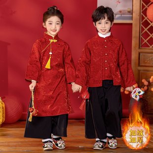男童唐装冬装加绒红色喜庆拜年服新中式女童汉服旗袍套装古风古装