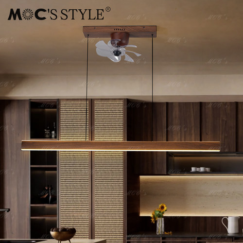 意式极简一字饭厅风扇吊灯中古高级感胡桃木色餐桌吧台长条吊扇灯