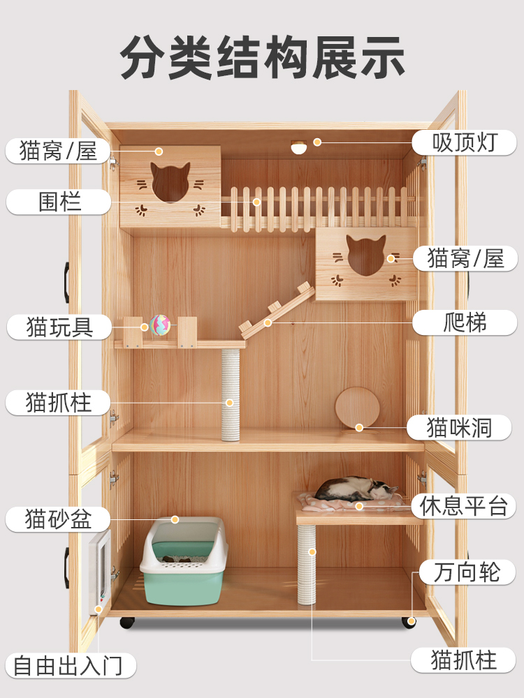 实木猫咪笼子家用豪华猫窝宠物笼室内超大自由空间猫屋猫柜猫别墅