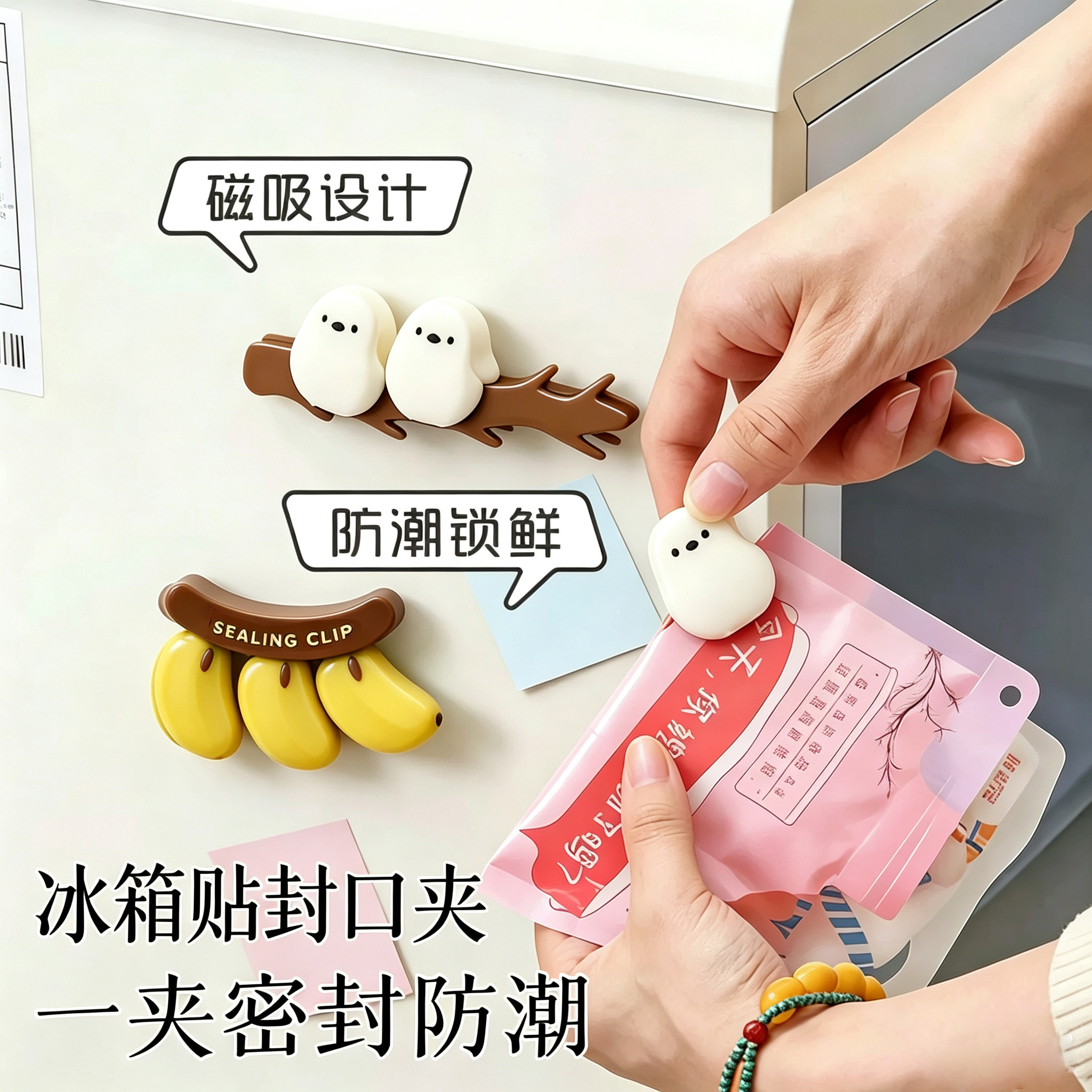 可爱磁吸卡通小鸟封口夹创意冰箱贴收纳家用零食茶叶密封夹装饰贴