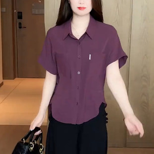 法式高级感酒红色上衣2026夏季新款短袖衬衫女宽松休闲不易皱衬衫