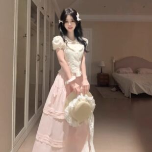 夏季甜美少女感娃娃领碎花上衣短袖泡泡袖衬衫粉色半身裙子套装女