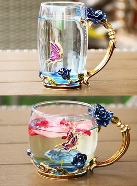 namel Transparent Glass Coffee Tea Mug Blue Roses Heat-Resis