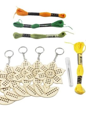 5pcs Sunflower Wooden Cross Stitch Embroidery Keychain Ring