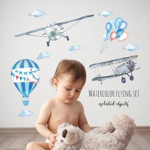 1set Watercolor Airplane Hot Air Balloon Wall Sticker 适用于