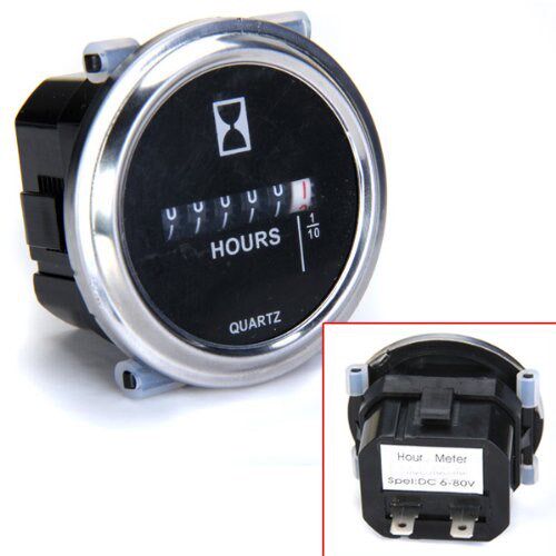 Hour Meter 6 to 80 Volts DC - Round Silvery Trim Ring