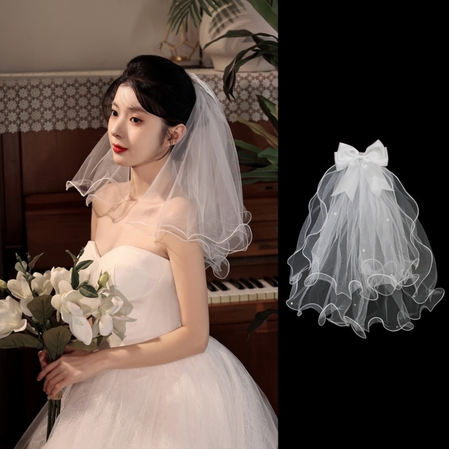 领证头纱登记求婚头饰简约短款新娘结婚主婚纱头饰婚礼拍照小头纱