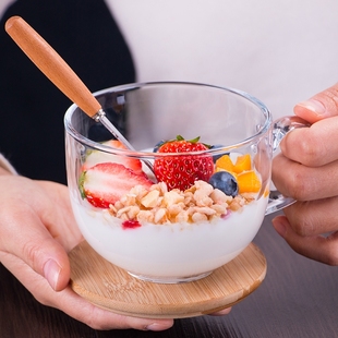 大容量玻璃杯燕麦牛奶早餐杯子冲泡麦片碗带把水杯带盖勺女带盖勺