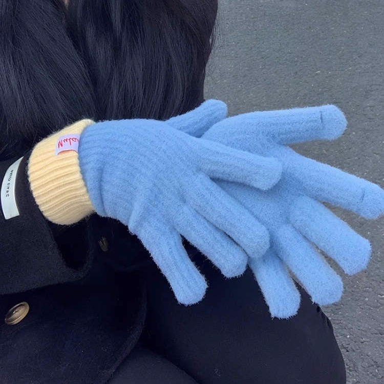 意大利BV针织毛绒手套女冬季韩版保暖加厚防寒分指露指触屏手套潮
