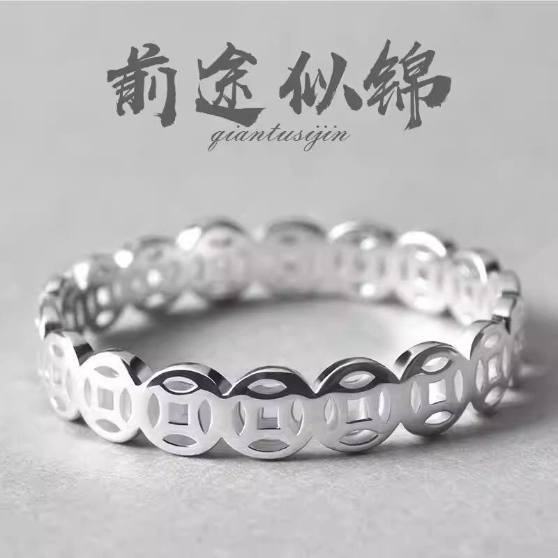 立大福纯银招财铜钱戒指