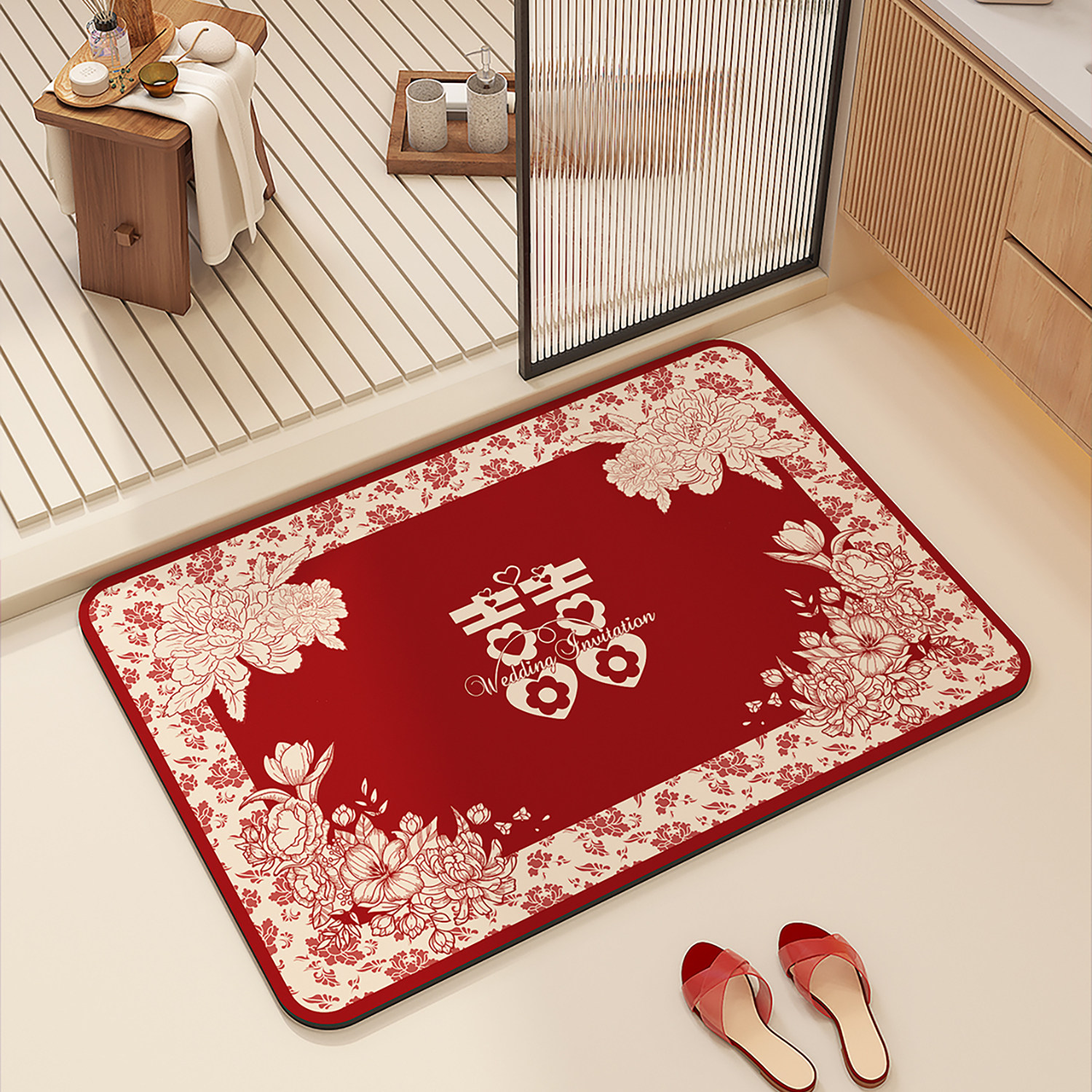 新婚卫生间软硅藻泥吸水地垫结婚浴室门口红色防滑洗手间喜字门垫,居家布艺,家用脚垫,淘宝优惠券,粉丝福利购,淘宝优惠卷