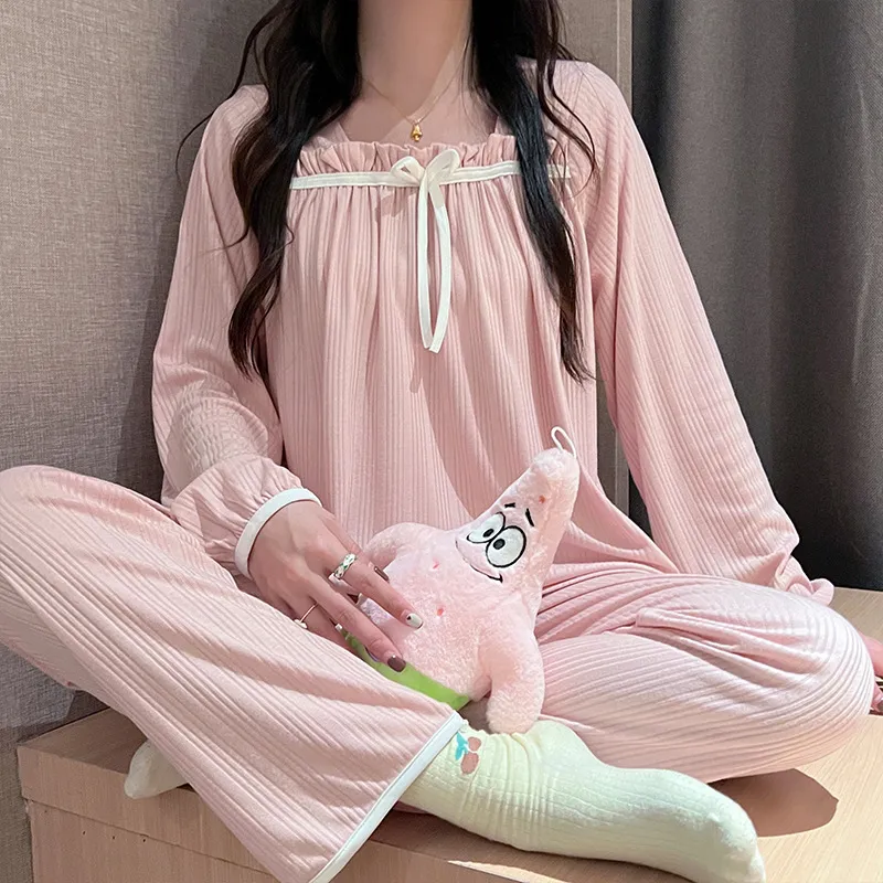 现货坑条春秋季休闲长袖简约纯色薄款可外穿女士睡衣家居服套装