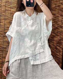 夏季新款复古立领休闲文艺纯麻包边斜襟盘扣不规则透气短袖上衣女