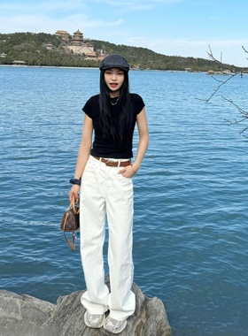 180超长白色牛仔裤女高腰175高个子加长显瘦直筒宽松垂感拖地长裤