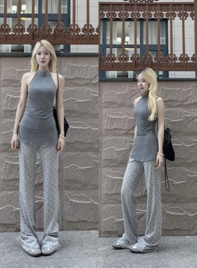 灰色波点微喇休闲运动裤女薄款夏季175高个子加长不贴腿瑜伽卫裤